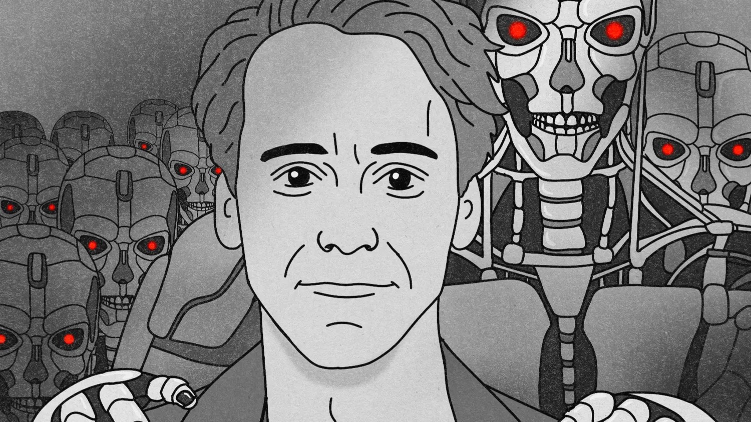 Zwart-wit illustratie van een man met een kalme glimlach, omringd door rijen robotskeletten met gloeiende rode ogen