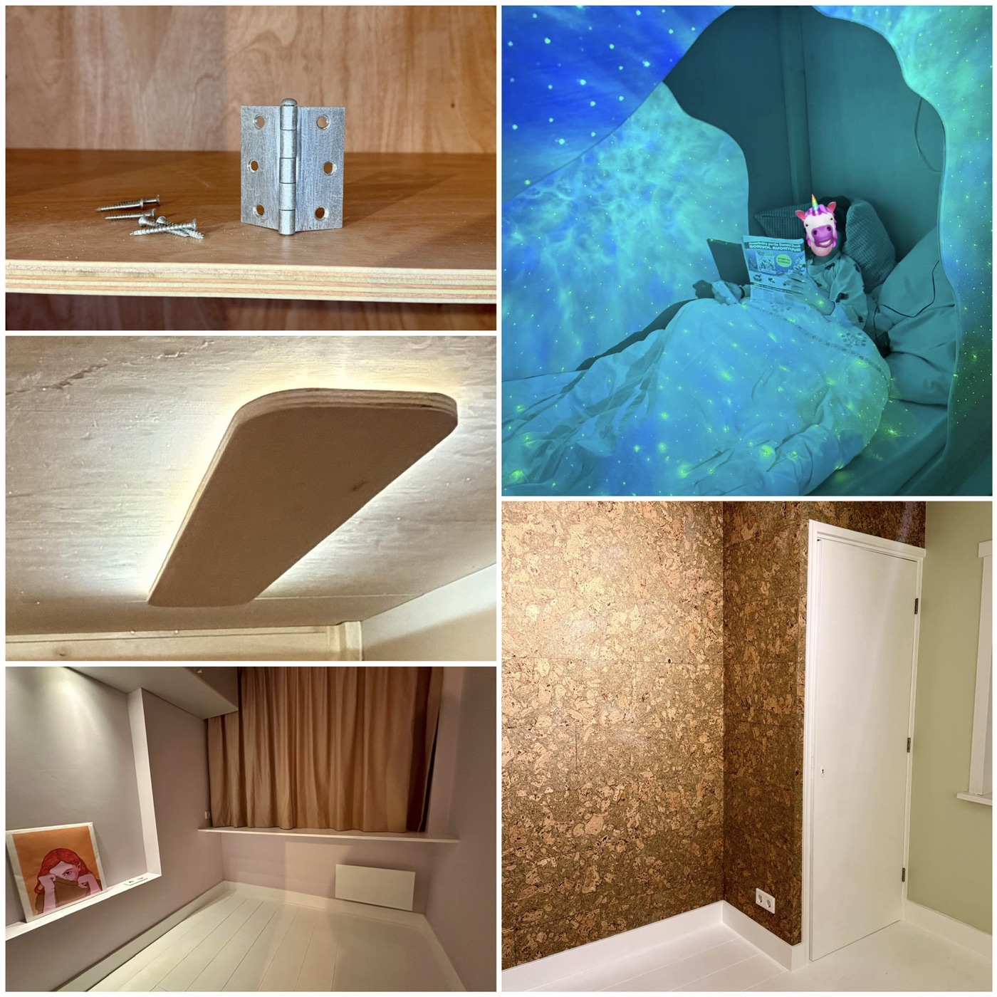 Collage of the end result: reading nook with star projector in the loft bed, cork wall and freshly finished kids' room