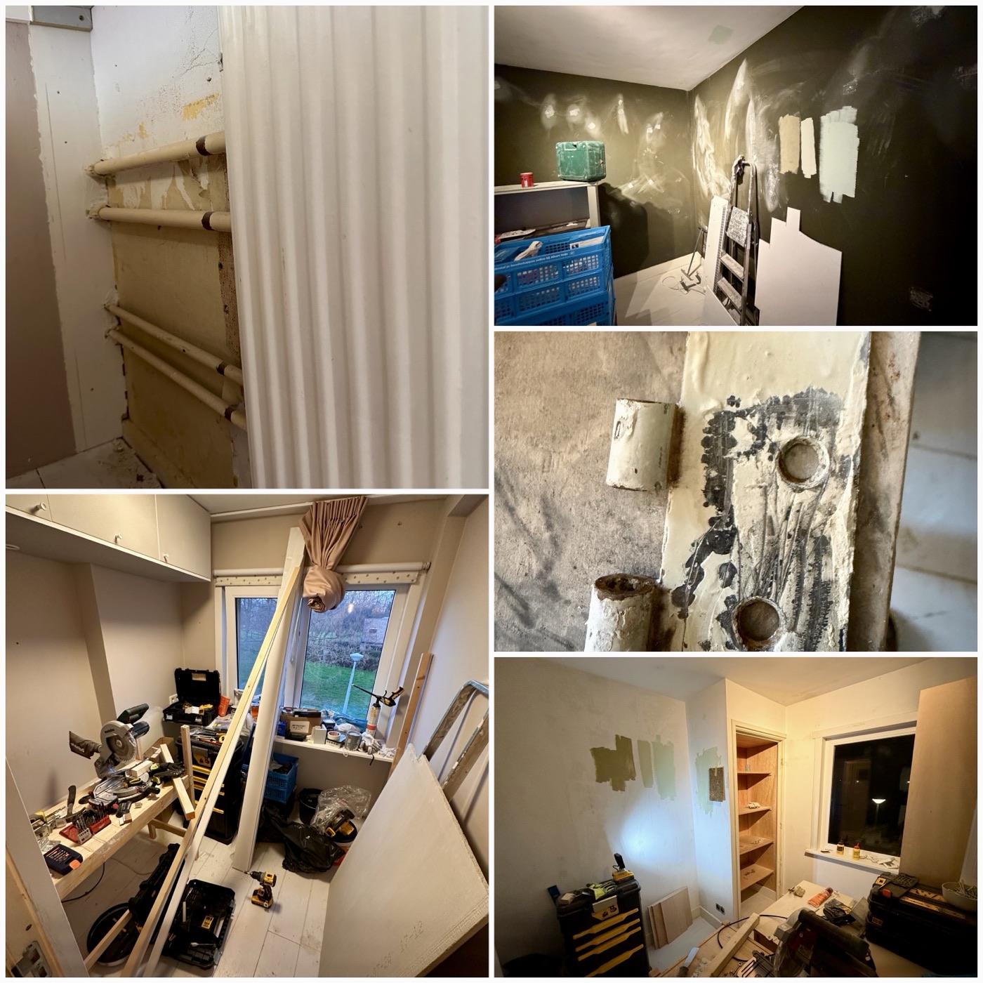 Collage of the renovation in full swing: exposed water pipes, dark walls with paint samples and a room full of tools